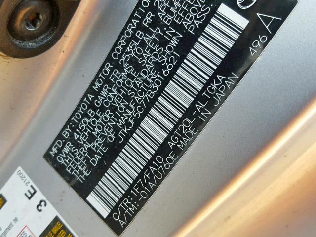 JTKJF5C77B3016621 - 2011 TOYOTA SCION TC ვერცხლისფერი ფოტო 10