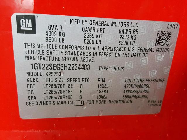 1GT22SEG3HZ234483 - 2017 GMC SIERRA K25 RED photo 10