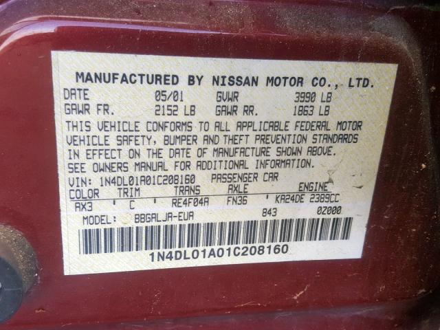 1N4DL01A01C208160 - 2001 NISSAN ALTIMA GXE BURGUNDY photo 10