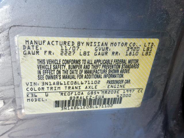 3N1AB61E08L671102 - 2008 NISSAN SENTRA 2.0 SILVER photo 10