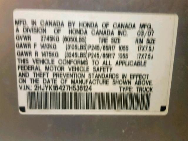 2HJYK16427H536124 - 2007 HONDA RIDGELINE SILVER photo 10