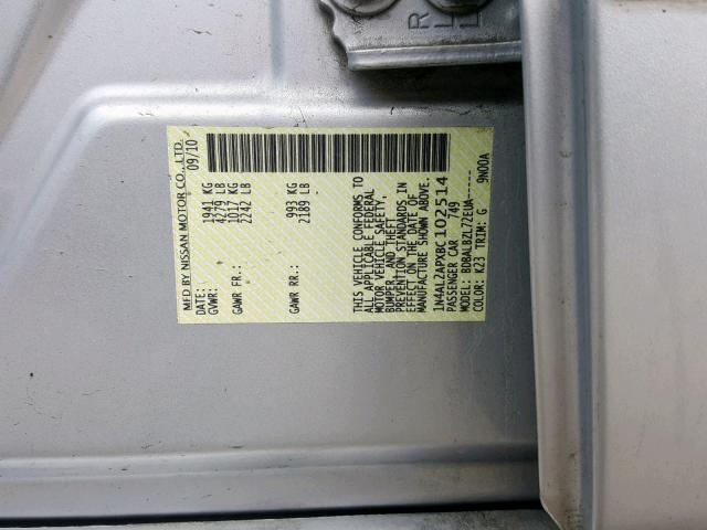 1N4AL2APXBC102514 - 2011 NISSAN ALTIMA BAS SILVER photo 10