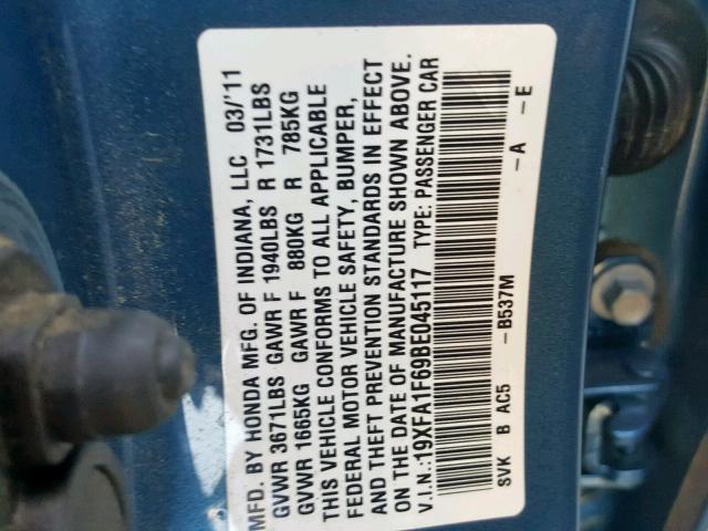 19XFA1F69BE045117 - 2011 HONDA CIVIC LX-S Azul foto 10