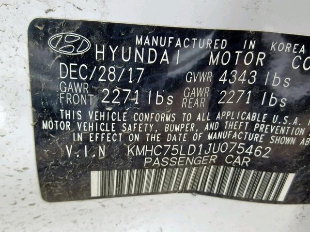 KMHC75LD1JU075462 - 2018 HYUNDAI IONIQ SEL WHITE photo 10