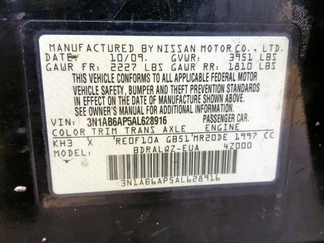 3N1AB6AP5AL628916 - 2010 NISSAN SENTRA 2.0 BLACK photo 10