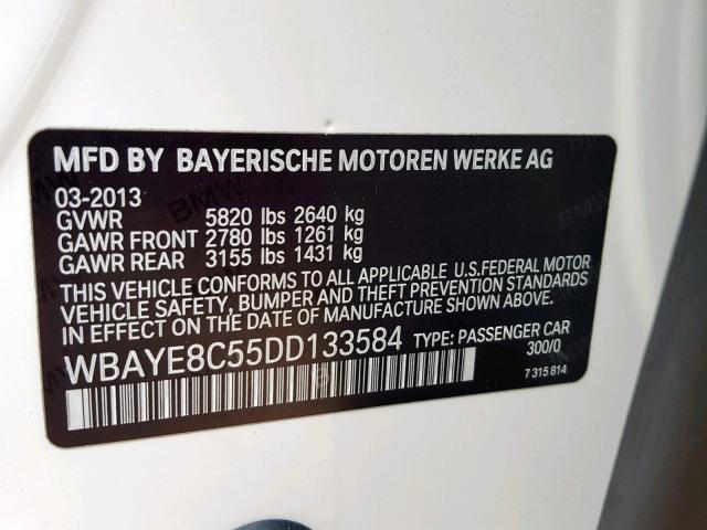 WBAYE8C55DD133584 - 2013 BMW 750LI WHITE photo 10