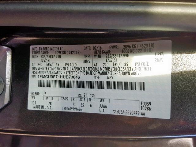 1FMCU0F71HUB73046 - 2017 FORD ESCAPE S GRAY photo 10