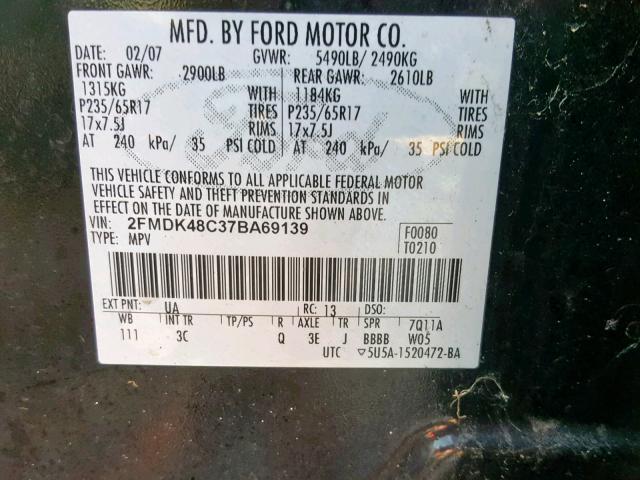 2FMDK48C37BA69139 - 2007 FORD EDGE SEL BLACK photo 10