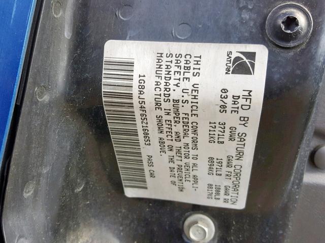 1G8AJ54F65Z160653 - 2005 SATURN ION LEVEL BLUE photo 10
