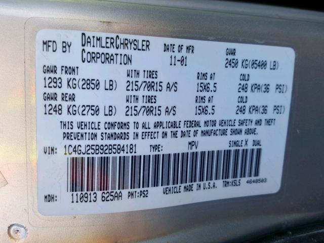 1C4GJ25B92B584181 - 2002 CHRYSLER VOYAGER SILVER photo 10