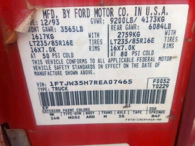 1FTJW35H7REA07465 - 1994 FORD F350 RED photo 10