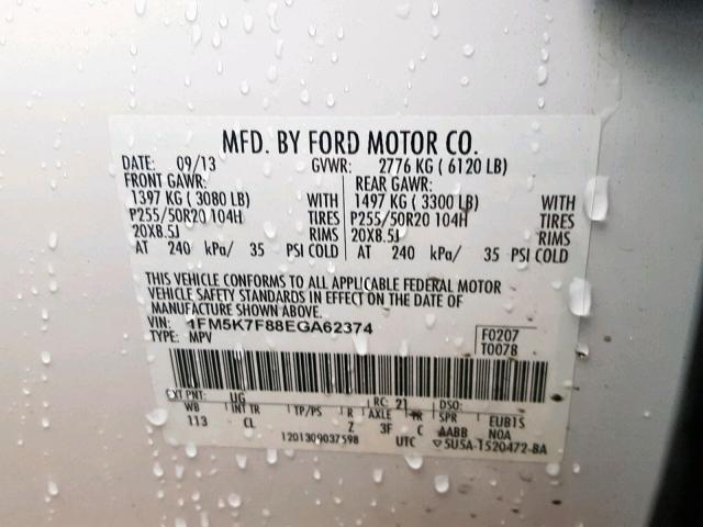 1FM5K7F88EGA62374 - 2014 FORD EXPLORER L WHITE photo 10