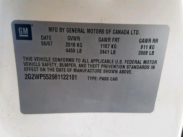 2G2WP552981122101 - 2008 PONTIAC GRAND PRIX WHITE photo 10