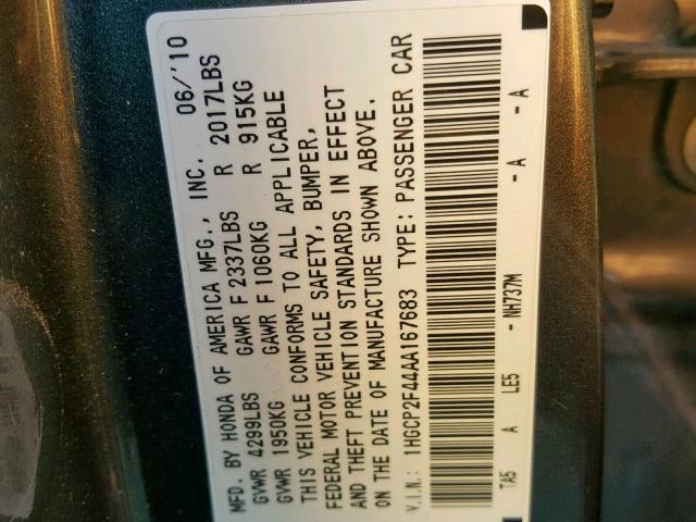 1HGCP2F44AA167683 - 2010 HONDA ACCORD LXP CHARCOAL photo 10