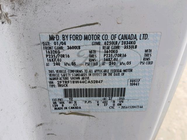 2FTRF18W44CA52847 - 2004 FORD F-150 HERI WHITE photo 10