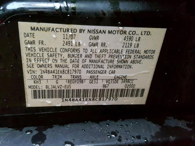 1N4BA41EX8C817970 - 2008 NISSAN MAXIMA SE BLACK photo 10