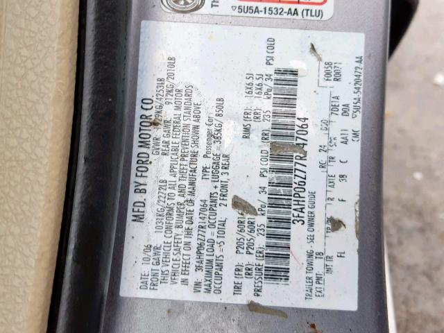 3FAHP06Z77R147064 - 2007 FORD FUSION S GRAY photo 10