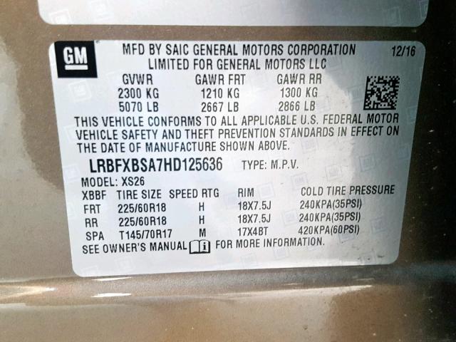 LRBFXBSA7HD125636 - 2017 BUICK ENVISION E BROWN photo 10