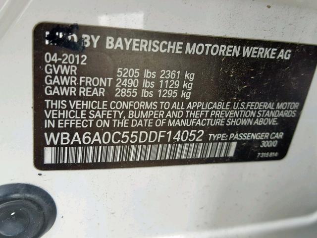 WBA6A0C55DDF14052 - 2013 BMW 640 I WHITE photo 10