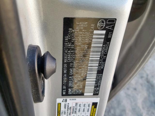 2T1KU40E39C145360 - 2009 TOYOTA COROLLA MA SILVER photo 10