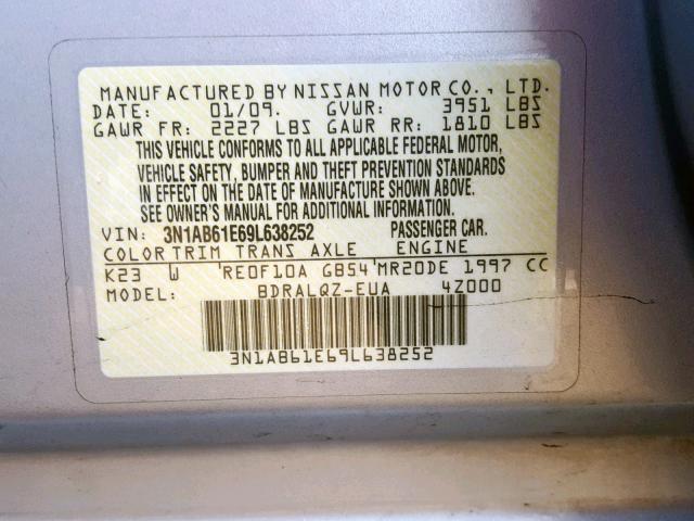 3N1AB61E69L638252 - 2009 NISSAN SENTRA 2.0 SILVER photo 10