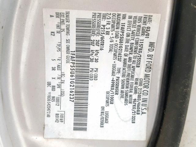 1FAFP55U61G216237 - 2001 FORD TAURUS SES SILVER photo 10