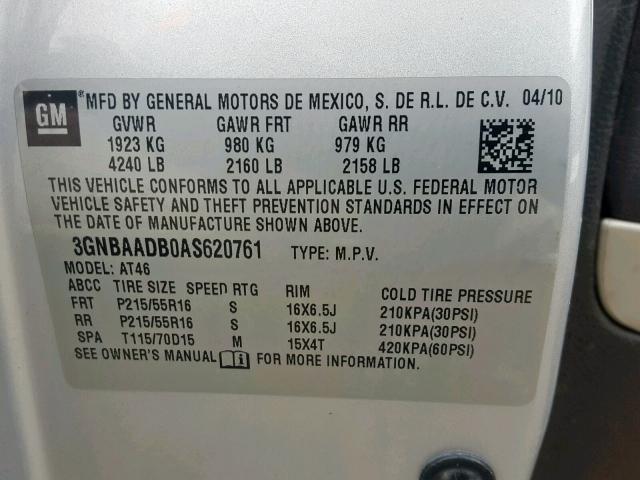 3GNBAADB0AS620761 - 2010 CHEVROLET HHR LS Plata foto 10