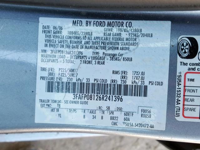 3FAFP08126R241396 - 2006 FORD FUSION SEL GRAY photo 10