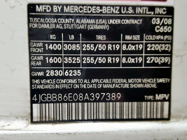 4JGBB86E08A397389 - 2008 MERCEDES-BENZ ML 350 WHITE photo 10