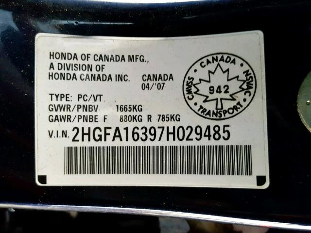 2HGFA16397H029485 - 2007 HONDA CIVIC DX BLUE photo 10