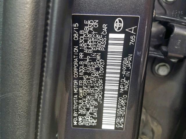 JTDKDTB39F1109937 - 2015 TOYOTA PRIUS C GRAY photo 10