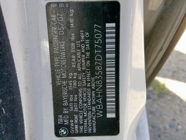 WBAHN83587DT75077 - 2007 BMW 750 WHITE photo 10