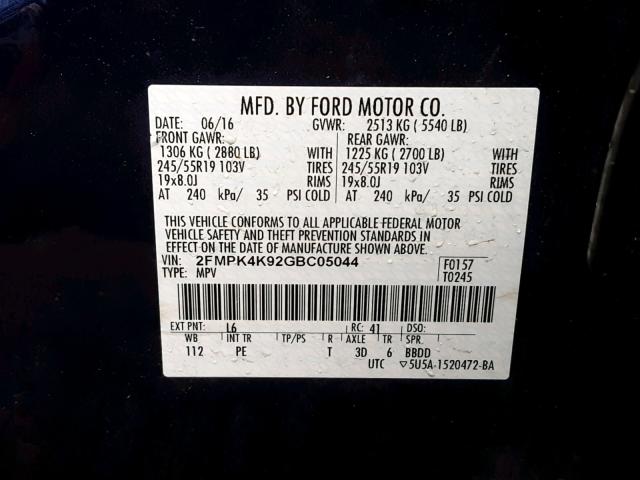 2FMPK4K92GBC05044 - 2016 FORD EDGE TITAN BLUE photo 10