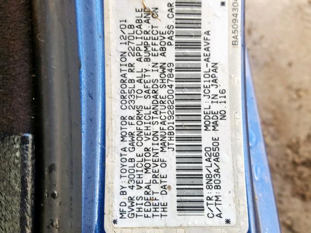 JTHBD192820047849 - 2002 LEXUS IS 300 BLUE photo 10