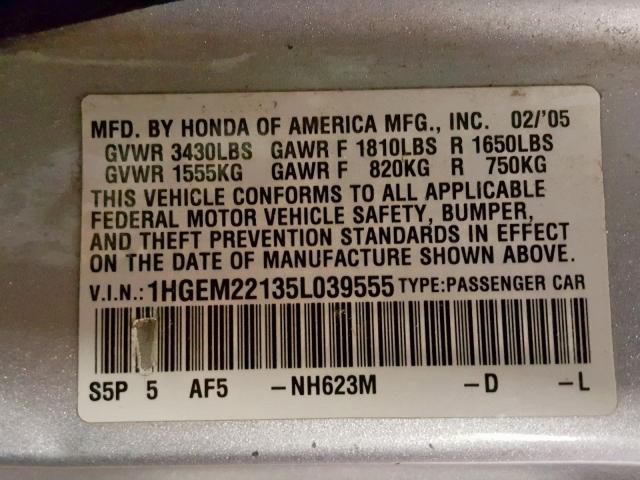 1HGEM22135L039555 - 2005 HONDA CIVIC DX V SILVER photo 10