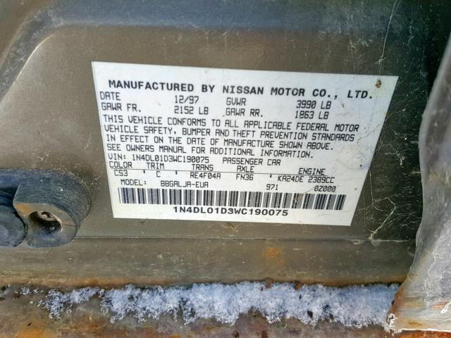 1N4DL01D3WC190075 - 1998 NISSAN ALTIMA XE GRAY photo 10