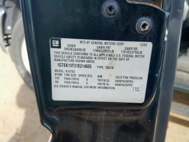 1GTEK19T31E214665 - 2001 GMC NEW SIERRA GREEN photo 10