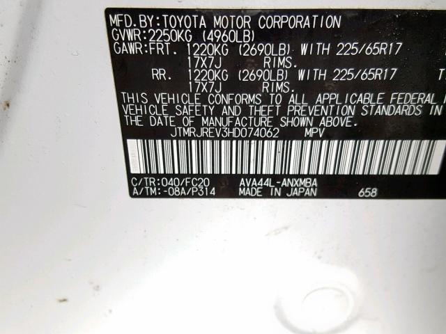 JTMRJREV3HD074062 - 2017 TOYOTA RAV4 HV LE WHITE photo 10