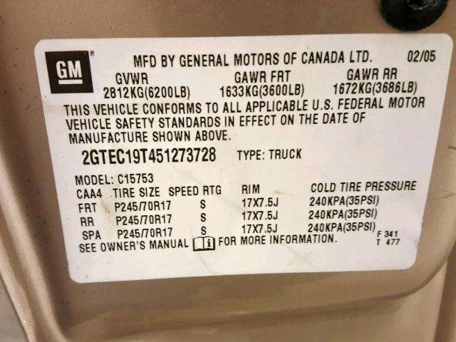 2GTEC19T451273728 - 2005 GMC NEW SIERRA GOLD photo 10