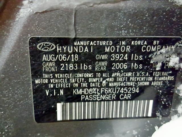 KMHD84LF6KU745294 - 2019 HYUNDAI ELANTRA SE GRAY photo 10