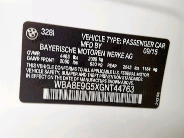 WBA8E9G5XGNT44763 - 2016 BMW 328 I SULE WHITE photo 10