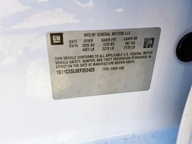 1G11C5SL8EF263429 - 2014 CHEVROLET MALIBU 1LT 白色 照片 10