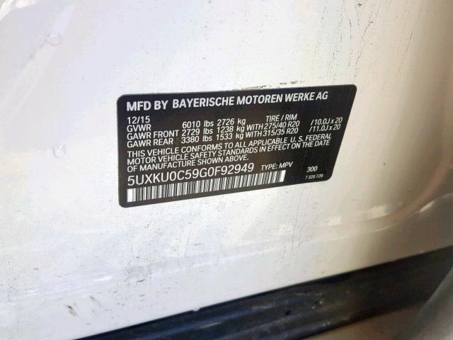 5UXKU0C59G0F92949 - 2016 BMW X6 SDRIVE3 WHITE photo 10