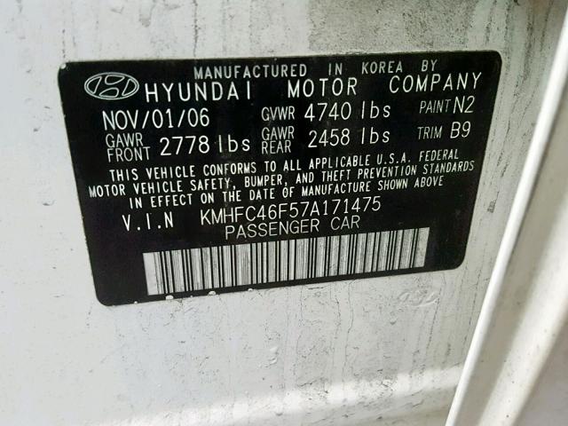 KMHFC46F57A171475 - 2007 HYUNDAI AZERA SE WHITE photo 10