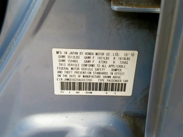 JHMGE8G29AC037200 - 2010 HONDA FIT BLUE photo 10