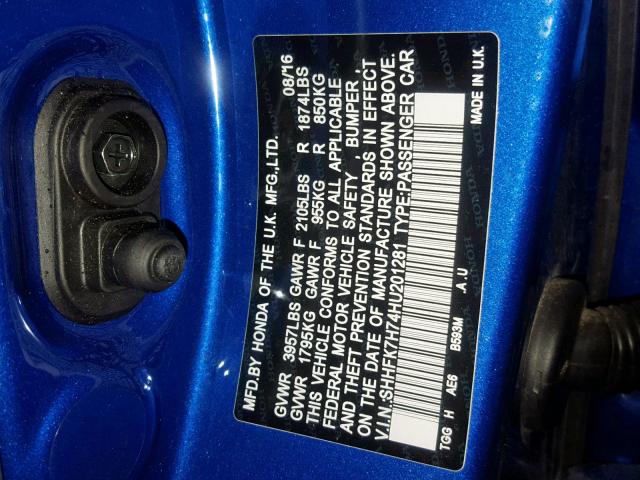 SHHFK7H74HU201281 - 2017 HONDA CIVIC EXL BLUE photo 10