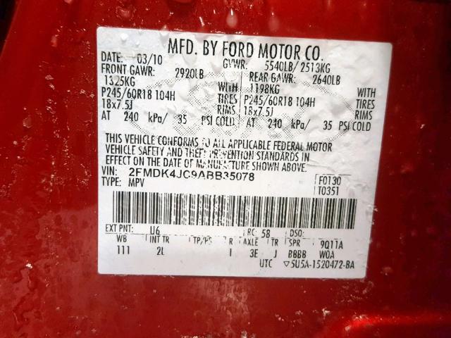 2FMDK4JC9ABB35078 - 2010 FORD EDGE SEL RED photo 10