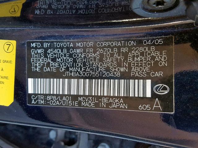 JTHBA30G755120438 - 2005 LEXUS ES 330 BLUE photo 10