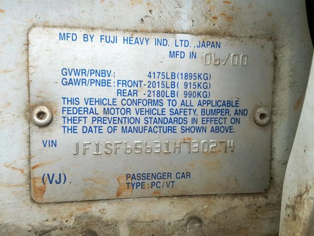 JF1SF65631H730274 - 2001 SUBARU FORESTER S WHITE photo 10