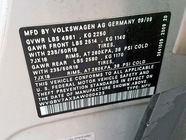 WVGBV7AX3AW000423 - 2010 VOLKSWAGEN TIGUAN SE SILVER photo 10